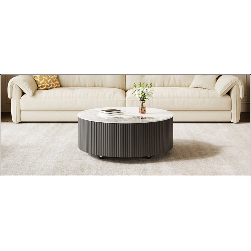 Table basse ronde moderne mobile avec roulettes, 2 tiroirs et plateau en marbre fritté élégant, White / Grey