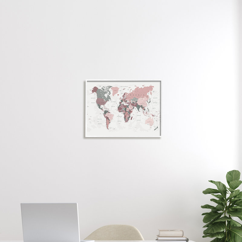 Carte du monde des eaux à motifs monochromes des régions roses - impression, H 16 po x l 20 po