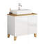 Ensemble de lavabo 31,5 pouces, 1 porte et 2 grands tiroirs, système à clous doux, conception sans poignée, plateau et pieds en bois massif naturel, lavabo carré en céramique sur le comptoir, blanc brillant