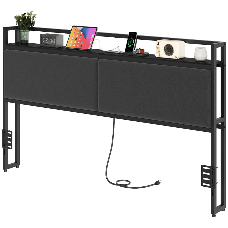 Upholstered Headboard Metal Frame with Charging Station and Storage, Queen, Black