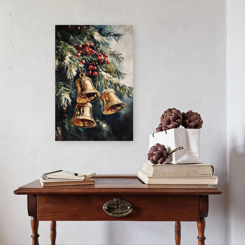 Christmas Bells And Berries Classic Elegant Traditional Fir Pine Nature Winter Wall Art Print 1 Piece Wrapped Canvas Wall Art
