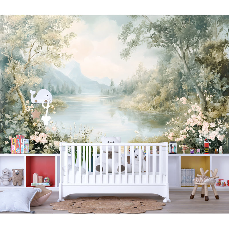 Papier peint floral lac - Papier peint nature paysage pour chambre d'enfant, L 100 po x l 70 po, Texture de toile de luxe