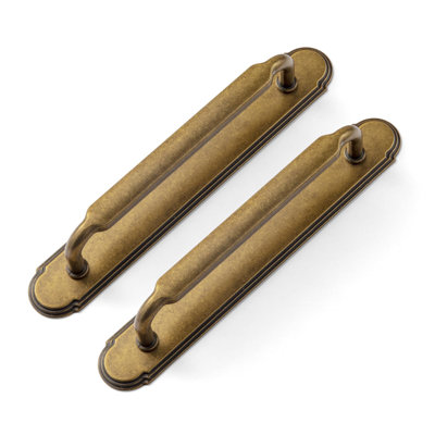 2 Pack Antique Brass Cabinet Pulls with Backplate Spacer, 5" Hole Center Vintage Brass Drawer Pulls Bronze Dresser Handles with Plate Kitchen Zinc Alloy Hardware
