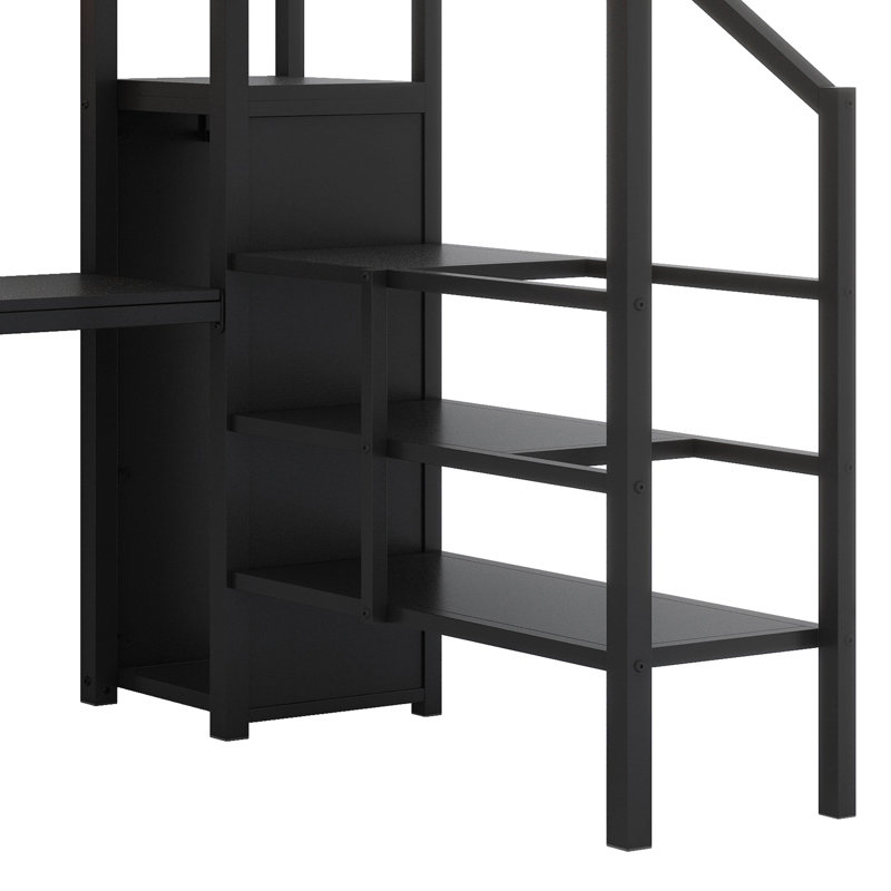 Full Size Black Metal Loft Bed With L-Shaped Desk, USB, LED, Wardrobe