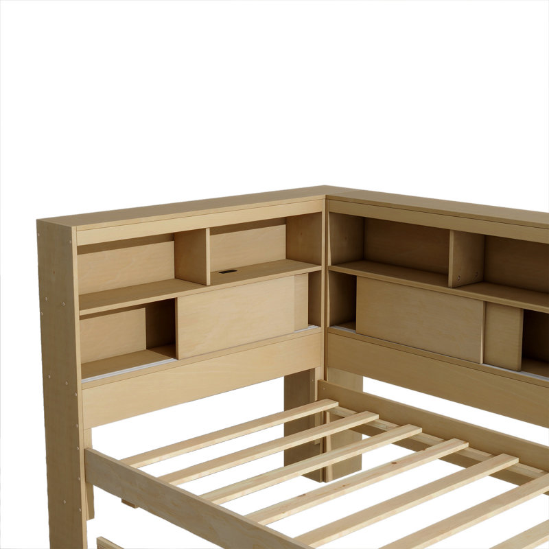 Lit de jour simple en bois avec tablettes de rangement, USB et lit gigogne