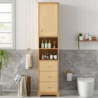 Armoire de salle de bain autoportante de 67,7 po de hauteur, style américain traditionnel, 1 porte avec tablette réglable, 3 tiroirs, rangement ouvert, poignées en métal doré, charnières amortissantes, conception peu encombrante