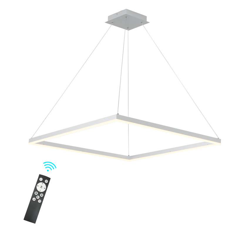 Kalvin 1-Light Modern Chandelier Square Kitchen Island Pendant Lighting with Remote Control, Silver, 82"H x 39.40"W x 39.40"D