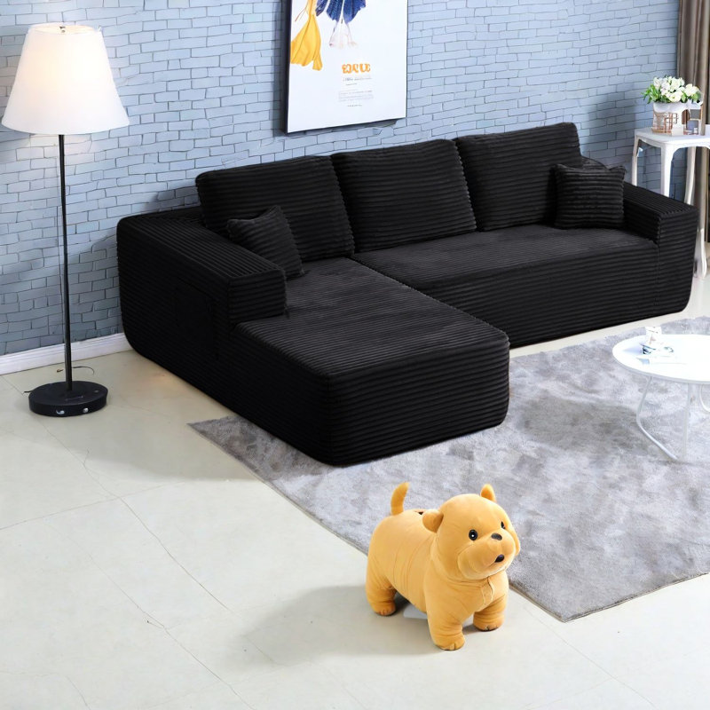 Canapé modulaire en tissu noir avec méridienne confortable, design moderne pour le salon