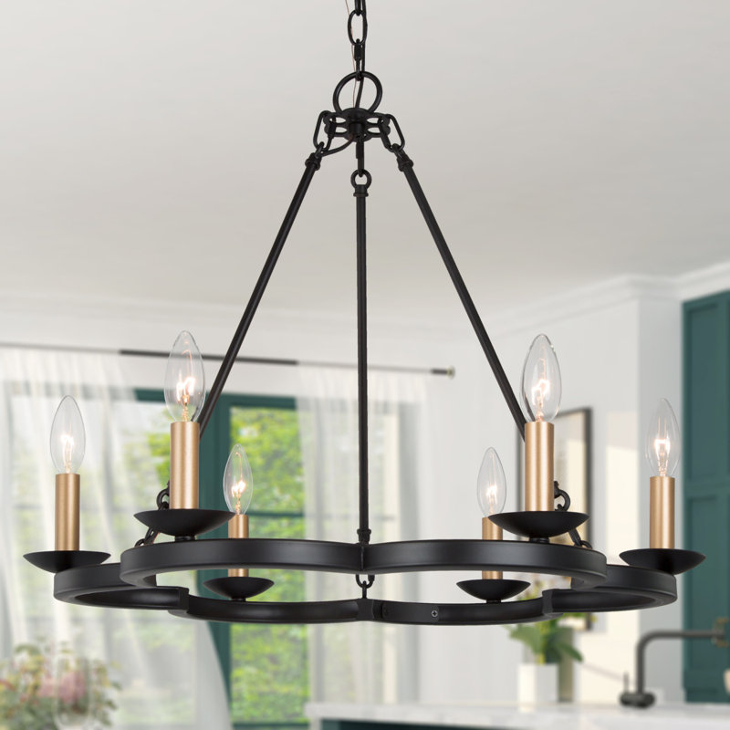 Caraviello 6 - Light Candle Style Wagon Wheel Chandelier, Black