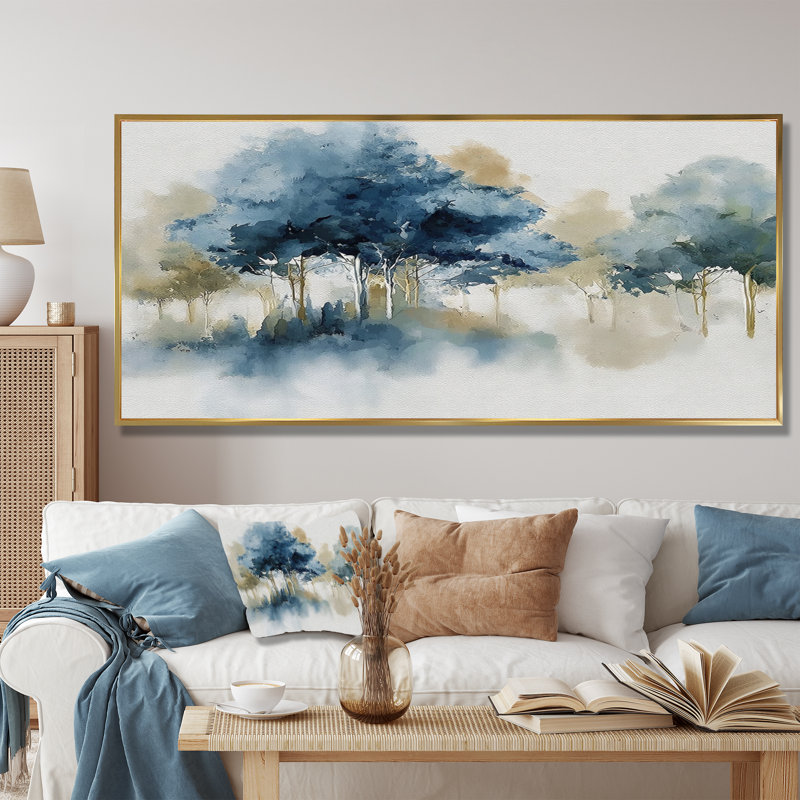 «Blue and Gray Istanbul Countryside», art mural campagne bleue, impression sur toile, H 28 po x l 60 po, Cadre flottant, Doré