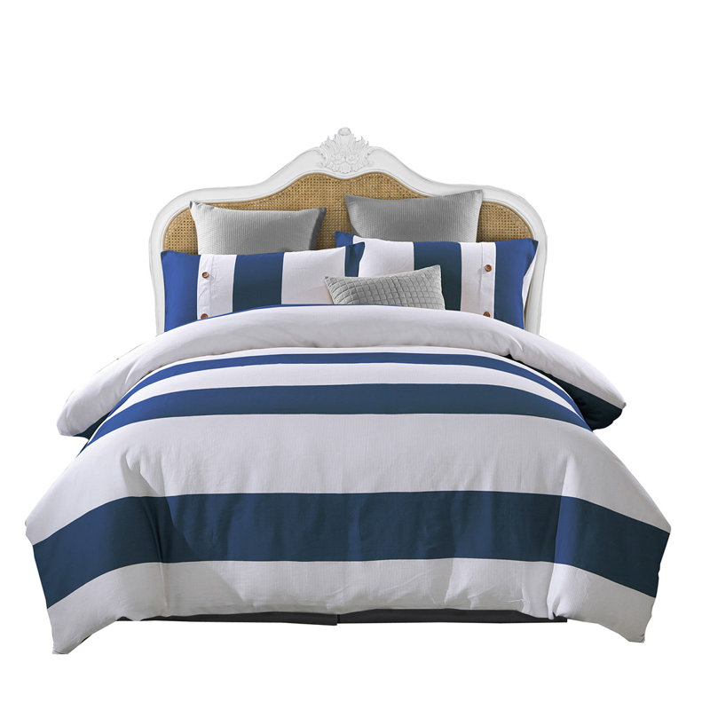 Navy Blue and White Cotton Striped Twin Duvet Cover Set