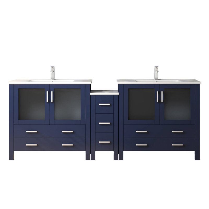 Meuble-lavabo double l 84 po x P 18,25 po avec armoire latérale - surface en céramique blanche, robinet, espace de rangement généreux Dessus 18,25, fermeture en douceur, égratignure - teinture - intérieur