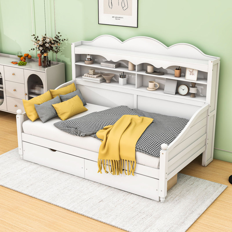 Daybed With Storage Drawers and Shelves, White