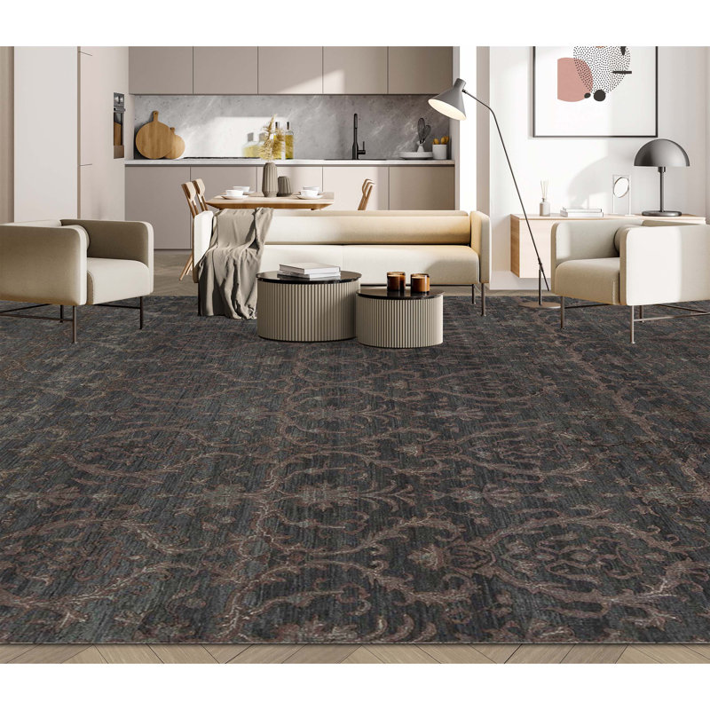 Cotton Abstract Area Rug in Dark Gray
