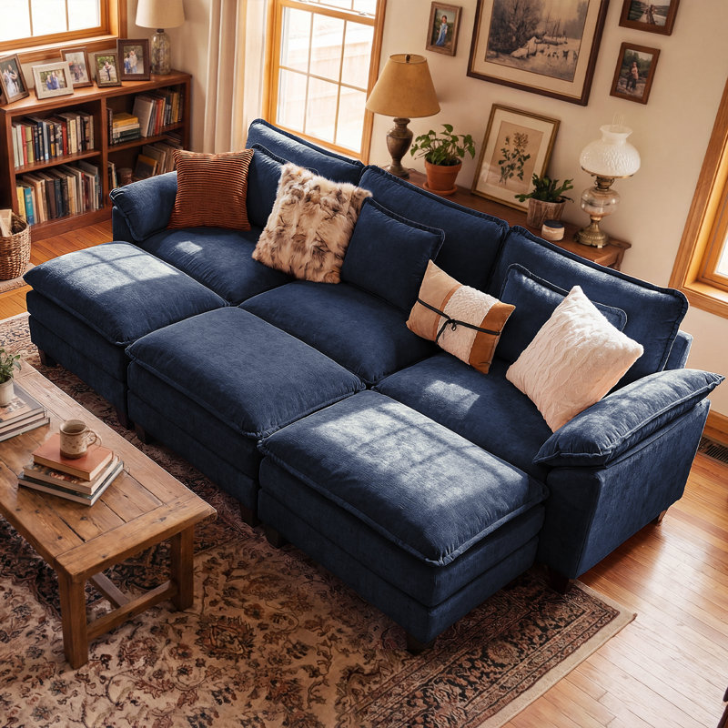120" W U-Shaped Modular Sectional Sofa With Deep Seat, Cloud Couch With Three Ottomans & Removable Cushions-Blue