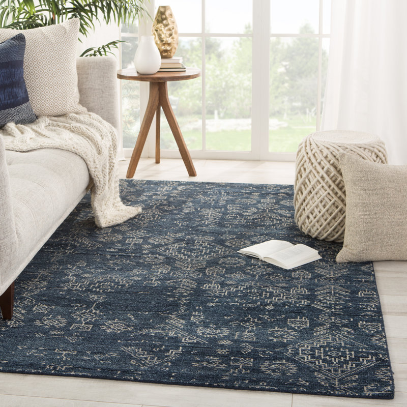 Tapis bleu foncé / gris clair en laine noué à la main Acotas, Rectangle 8 pi x 10 pi