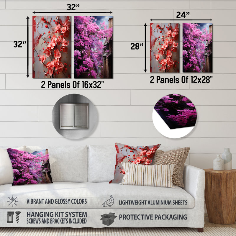 Ensemble de 2 impressions murales roses en métal fuchsia II - Fuchsia, H 28 po x l 24 po