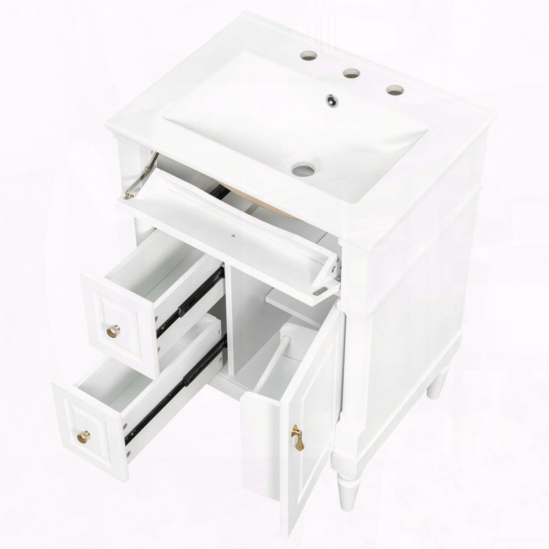 Meuble-lavabo moderne de 24 pouces avec lavabo en céramique et tiroir rabattable, White
