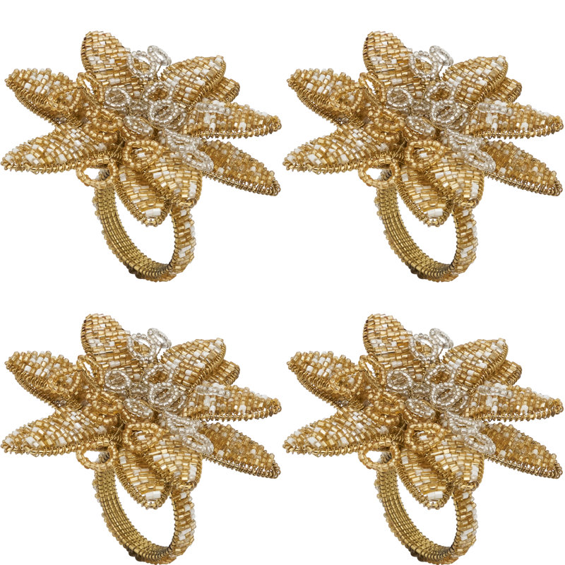 Gold Beaded Flower Design Napkin Rings, Set of 4