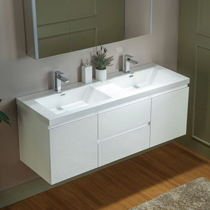 59 in. W x 19.6 in. D Wall Mounted Floating Vanity with Resin Composite Vanity Top, White, White