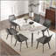 Table de salle à manger moderne moderne en pierre artificielle blanche avec bord droit et pieds en métal noir, pour 6 à 8 personnes