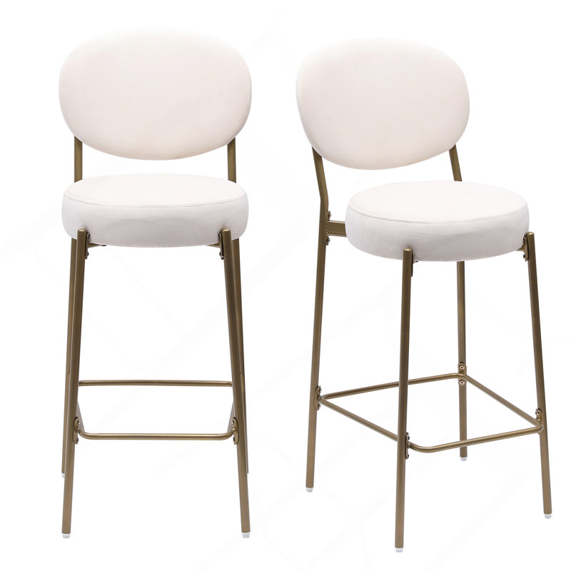 29'' Upholstered Bar Stools Velvet Counter Stool With Backrest & Footrest Set Of 2 Round Dining Chairs For Kitchen(Creamy White)