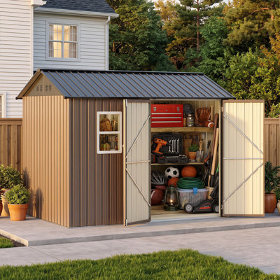 Remise de rangement extérieure 8 x 5,7 pi avec fenêtre, remise en acier galvanisé, portes verrouillables doubles, toit à pignon et évent