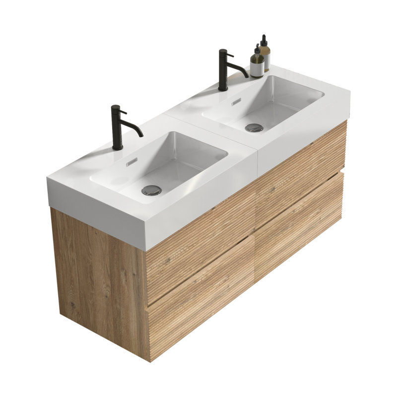 Meuble-lavabo Grace de 48 po avec lavabo en quartz d'ingénierie et tiroirs noirs doux, meuble-lavabo mural flottant pour salle de bain moderne, lavabo une pièce blanc brillant, KD