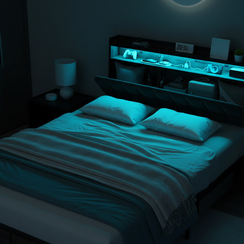 Structure de lit moderne avec tête de lit ergonomique, lumières à DEL RVB, station de charge et rangement multi-espace - Lit en métal noir pour la chambre à coucher