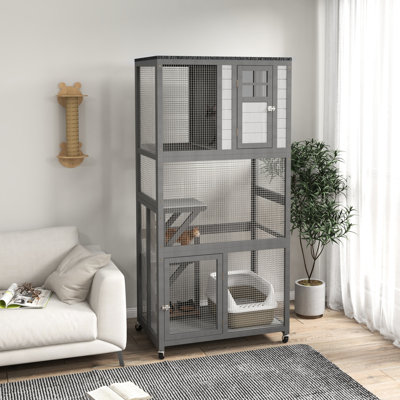 74" - Wheeled Outdoor Cat House, Gray. Ideal For Cats To Explore Outdoors House Weather & Portable, Spacious Interior Play. Max Weight 13 Lbs