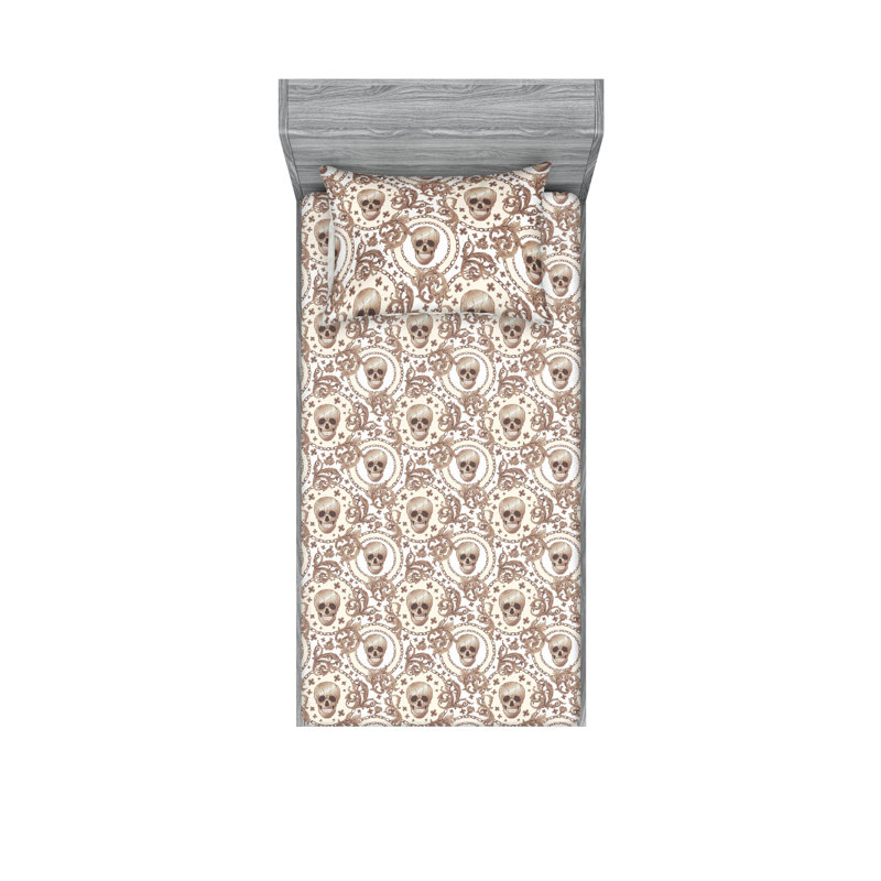 Ambesonne Fitted Sheet & Shams, Ivory/Cocoa/Pale Brown Damask, Twin XL Sheet Set with 1 Pillowcase