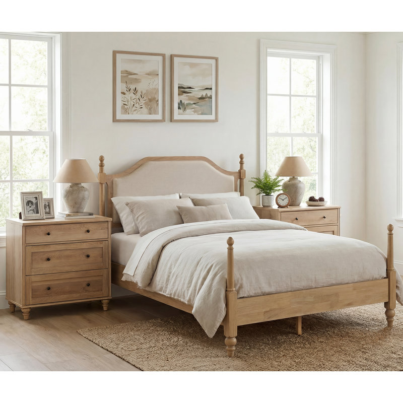 Ensemble de chambre à coucher 3 pièces, cadre de lit plateforme en bois Queen et ensemble de 2 tables de chevet, chêne