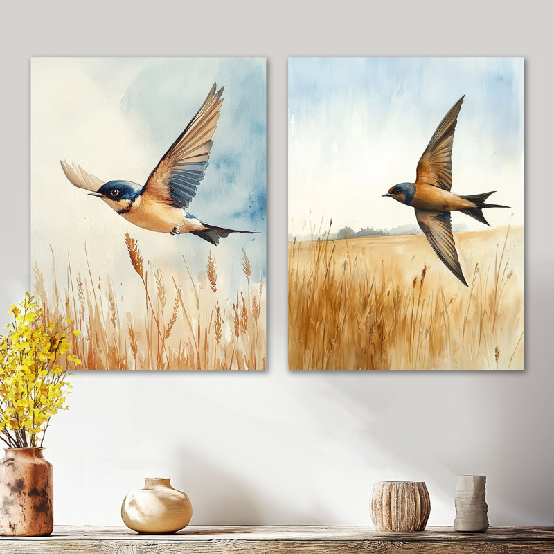 Bird Swallow Over the Fields I - Orange Birds, 32" H x 48" W