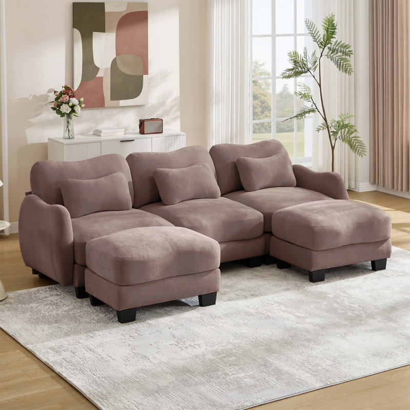 Canapé en chenille en forme de U avec design ergonomique incurvé et repose-pieds mobile, Rose Dust Chenille