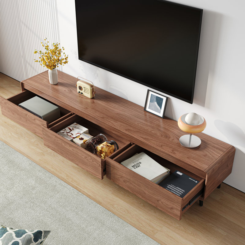 Meuble télé moderne en noyer avec 3 tiroirs de rangement et pieds en métal
