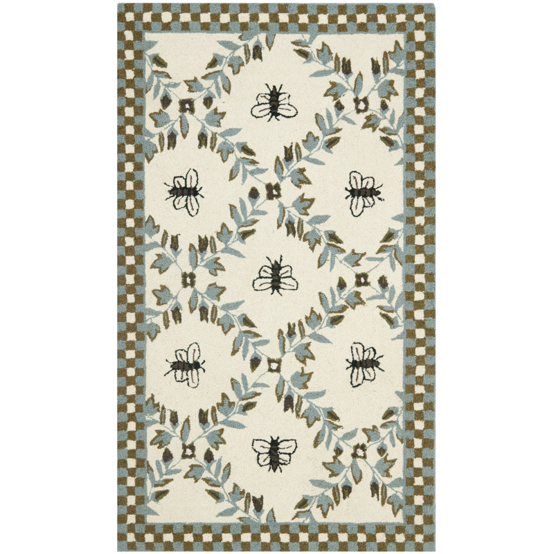 Hollander Floral Handmade Tufted Wool Ivory Area Rug, Rectangle 1'8" x 2'6"