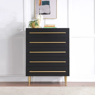 Commode contemporaine à 5 tiroirs avec détails dorés, commode 1 pièce pour chambre à coucher, unité de rangement en bois