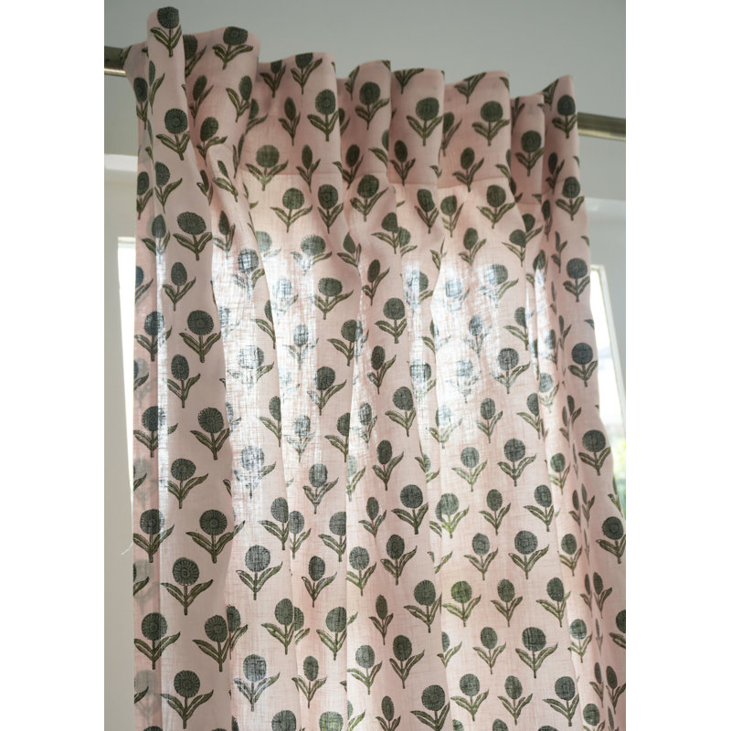 Rideau en lin vert à motif floral imprimé à la main à motif de blocs d'anneaux décoratifs Gendapushp, L 54 po x L 102 po