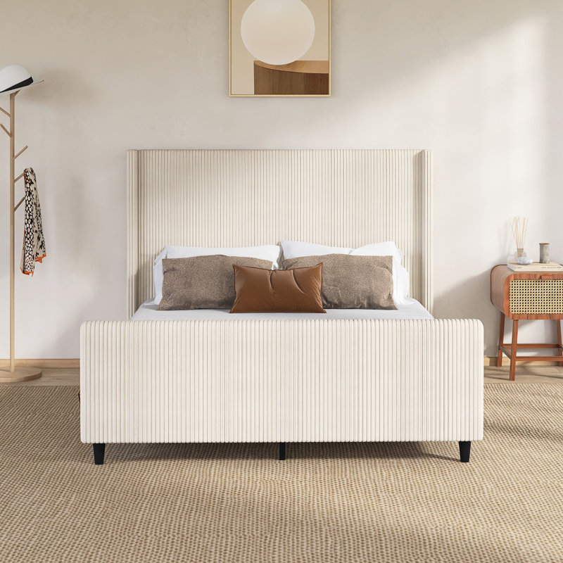 Wood Queen Corduroy Upholstered Platform Beds With High Headboard, Queen