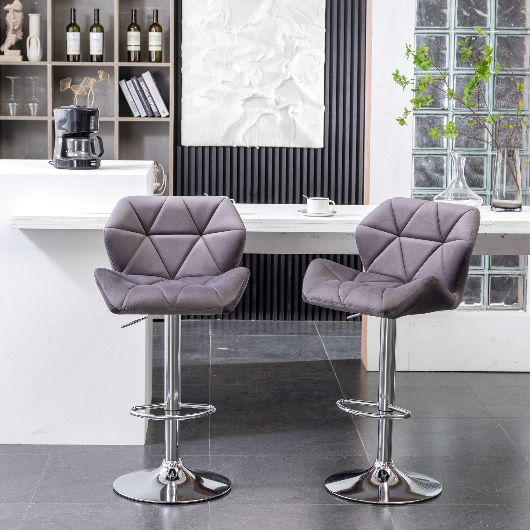 Mercer41 Grey Velvet Swivel Adjustable Height (2) - Diamond Seat, Mid ...