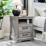Breshauna 24" Tall Farmhouse Nightstand With Charging Station, Wood End Table With With 2 Drawers, Built-In Outlets