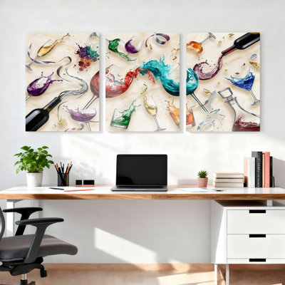 Ensemble de 3 tableaux abstraits sur toile tendue, représentant des éclaboussures de verre à vin, pour la décoration de la cuisine, du salon ou du bar.