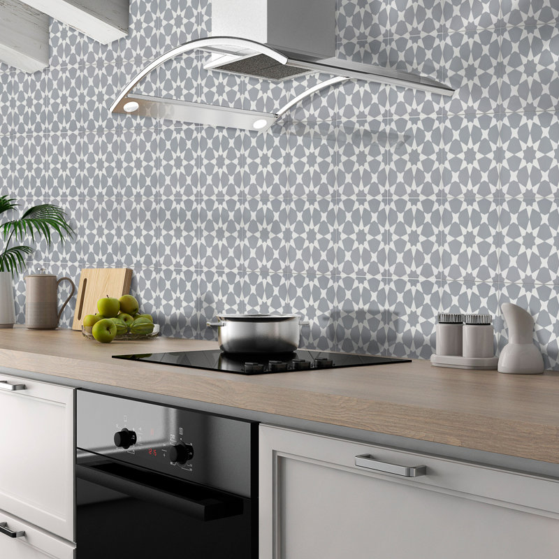 Medina 8" x 8" Cement Patterned Wall & Floor Tile, Gray/White