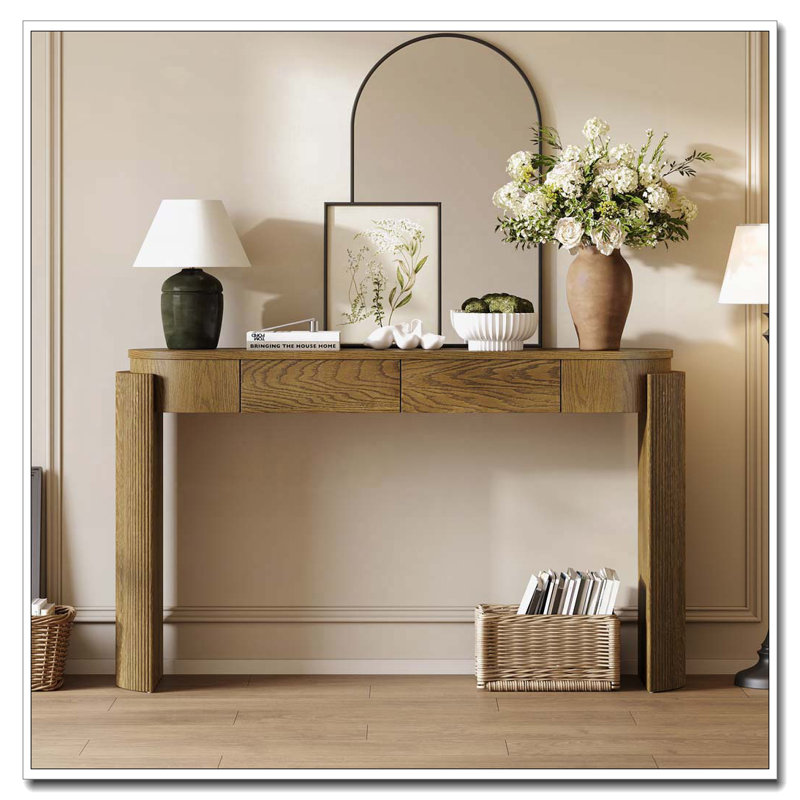 Console en bois avec 4 tiroirs, tablette ouverte pour les entrées, les salons et les couloirs, Pinède