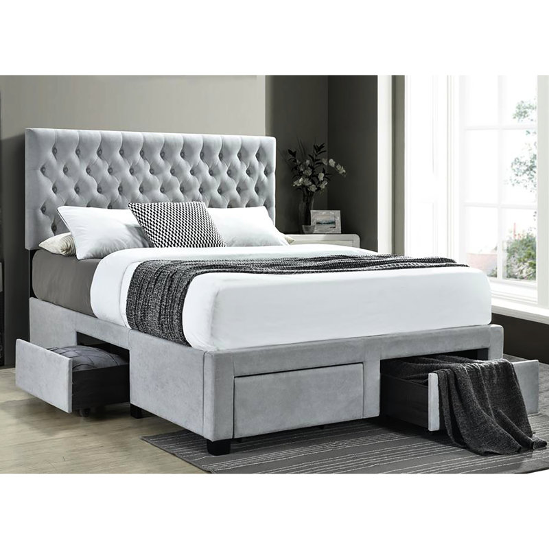 Élégant grand lit de rangement gris avec rembourrage en mousse et tissu d'ameublement 4 tiroirs, chambre à coucher moderne essentielle