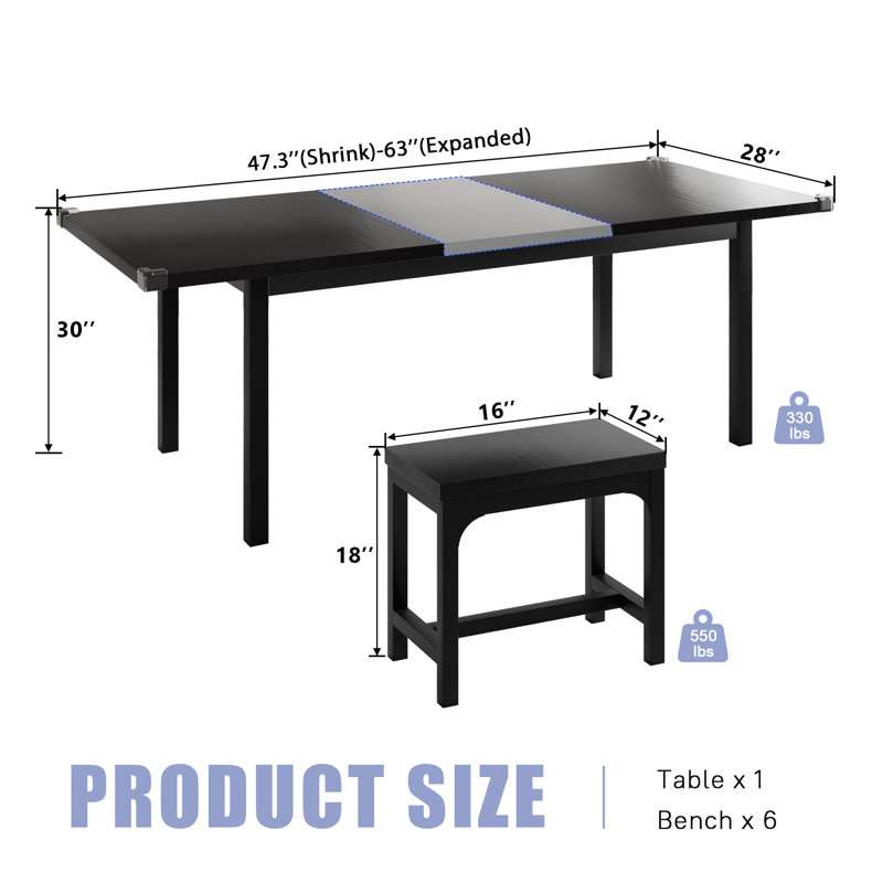 Ensemble de table de salle à manger, table extensible 7 pièces de 63 po pour 4 à 8 personnes, table de salle à manger de style Mid-Century avec 6 tabourets carrés, noir