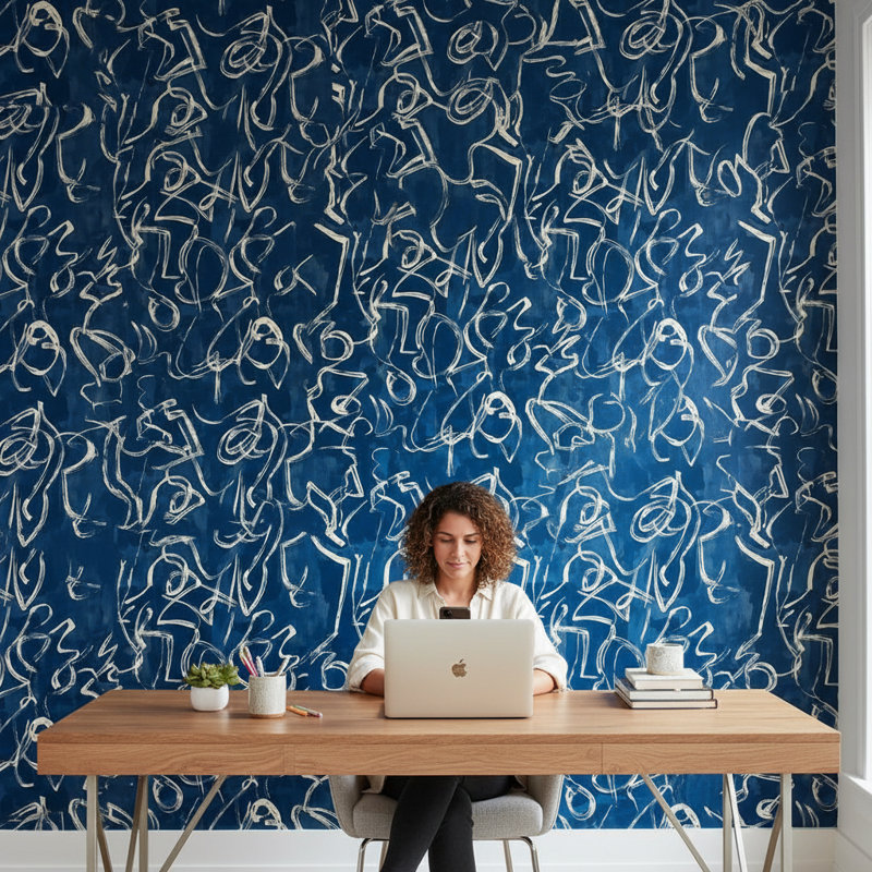 Abstract Blue Wallpaper Brushstroke Removable Geometric Wall Double Roll, Blue
