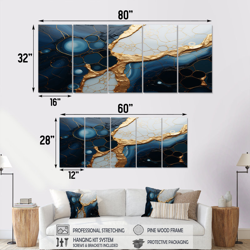 Ensemble de 5 décorations murales en marbre doré et bleu Essence Magic II - marbre abstrait, H 32 po x l 80 po