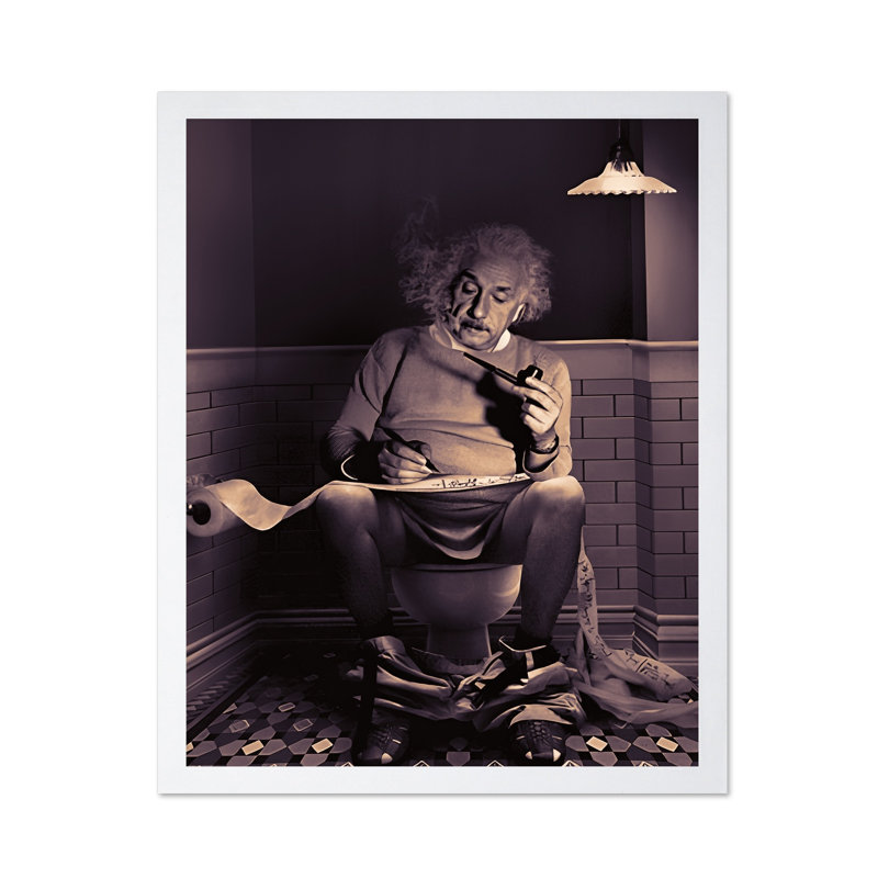 Einstein assis sur une toilette, Affiche, Encadrement blanc, H 08 po x l 10 po