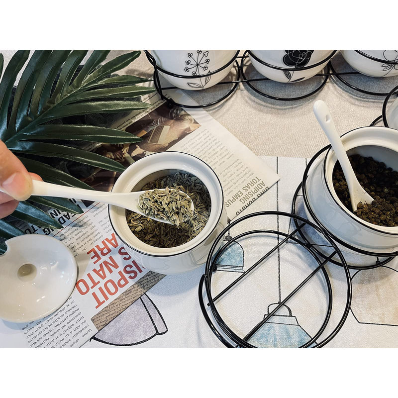 Ceramic Spice & Sugar Jars, With Lids Spoons And Shelf,Porcelain Condiment Kitchen Jar Spice Container Set, 230 ML,3 Pcs